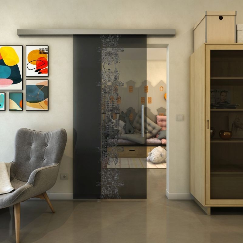Glasschiebetür SLIM-LINE - Fineprint Modell 081 Schwarz auf Grauglas