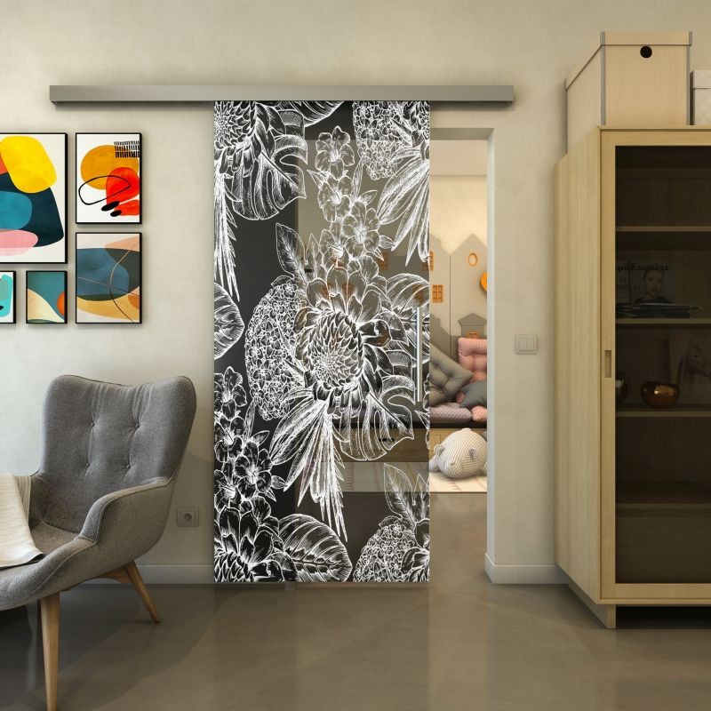 Glasschiebetür SLIM-LINE - Fineprint Modell 083 Weiss auf Grauglas