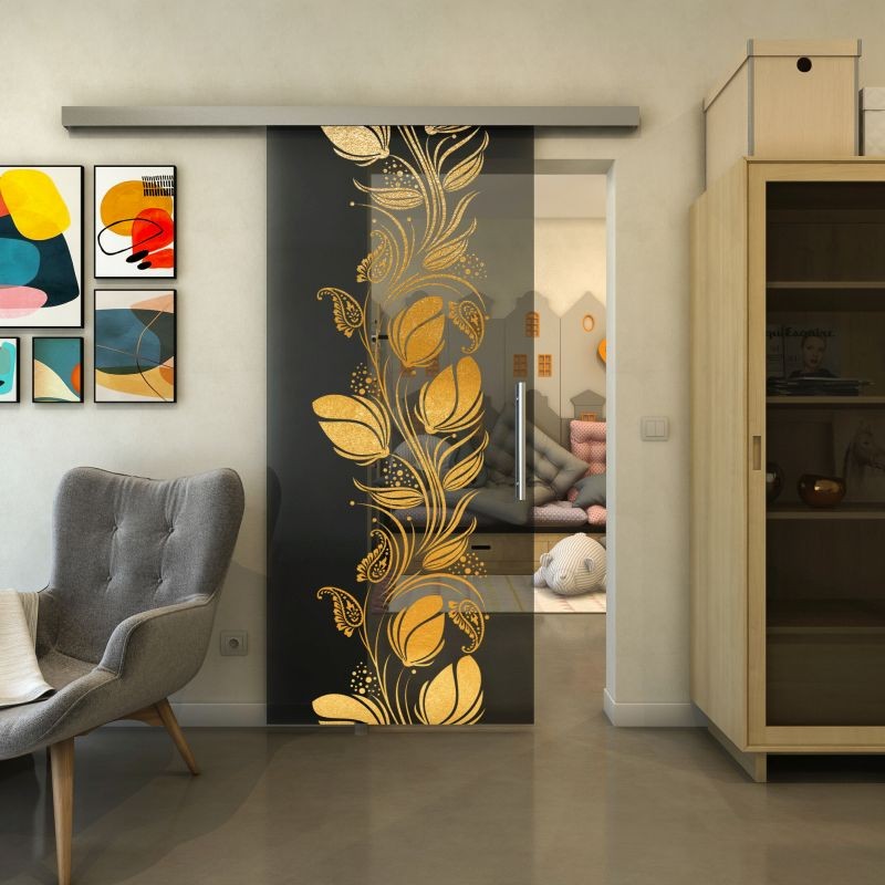 Glasschiebetür SLIM-LINE - Fineprint Modell 086 Gold auf Grauglas