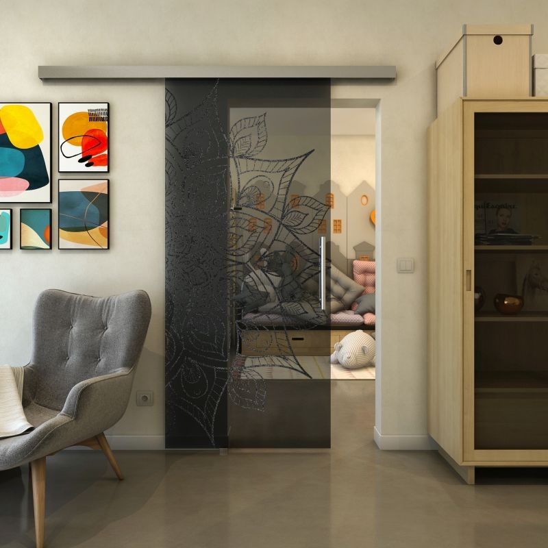 Glasschiebetür SLIM-LINE - Fineprint Modell 088 Schwarz auf Grauglas