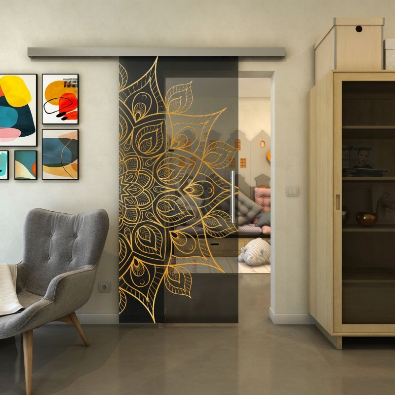Glasschiebetür SLIM-LINE - Fineprint Modell 088 Gold auf Grauglas