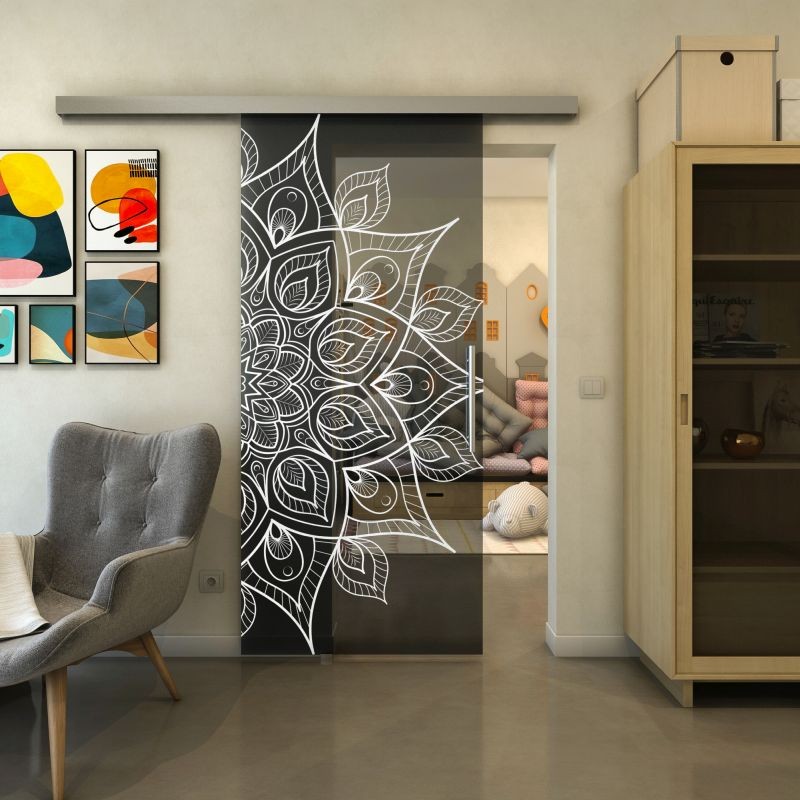 Glasschiebetür SLIM-LINE - Fineprint Modell 088 Weiss auf Grauglas