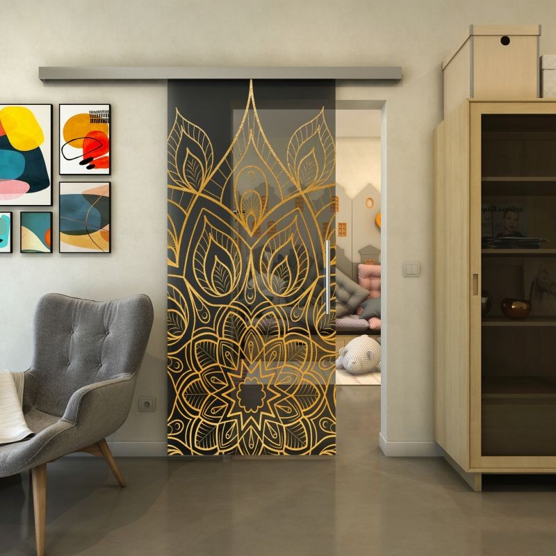 Glasschiebetür SLIM-LINE - Fineprint Modell 089 Gold auf Grauglas