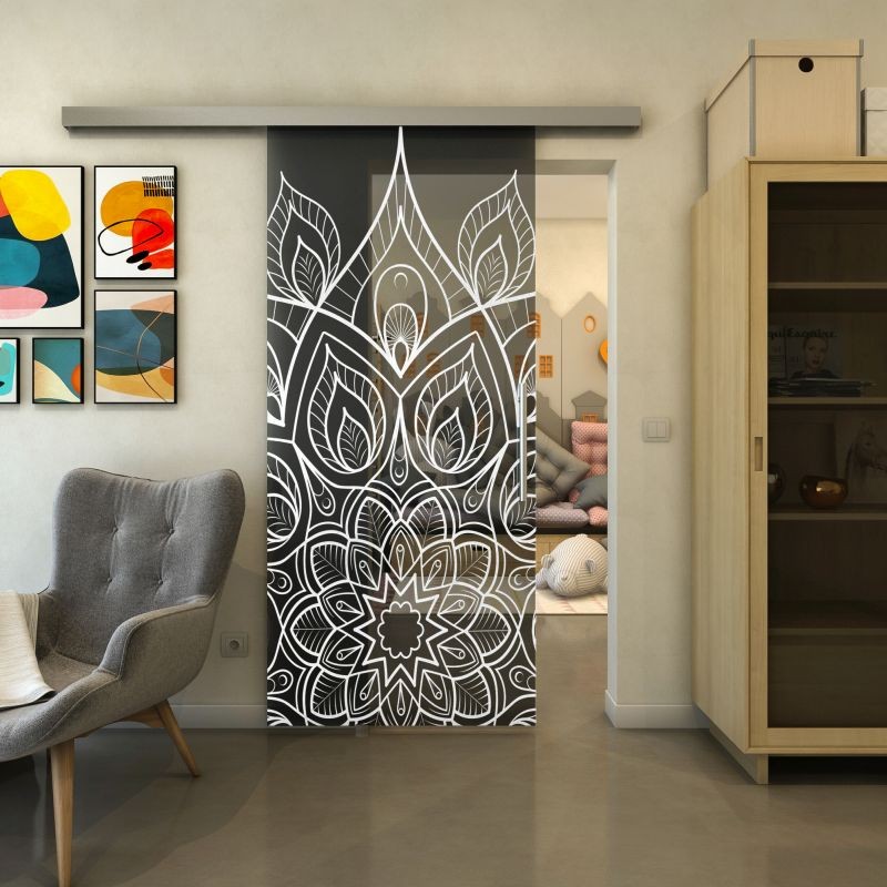 Glasschiebetür SLIM-LINE - Fineprint Modell 089 Weiss auf Grauglas