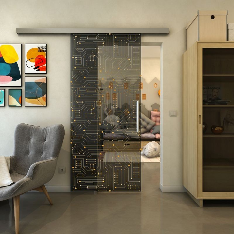 Glasschiebetür SLIM-LINE - Fineprint Modell 090 Gold auf Grauglas