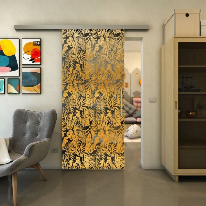 Glasschiebetür SLIM-LINE - Fineprint Modell 091 Gold auf Grauglas Glasschiebetür SLIM-LINE - Fineprint Modell 091 Gold auf Grauglas