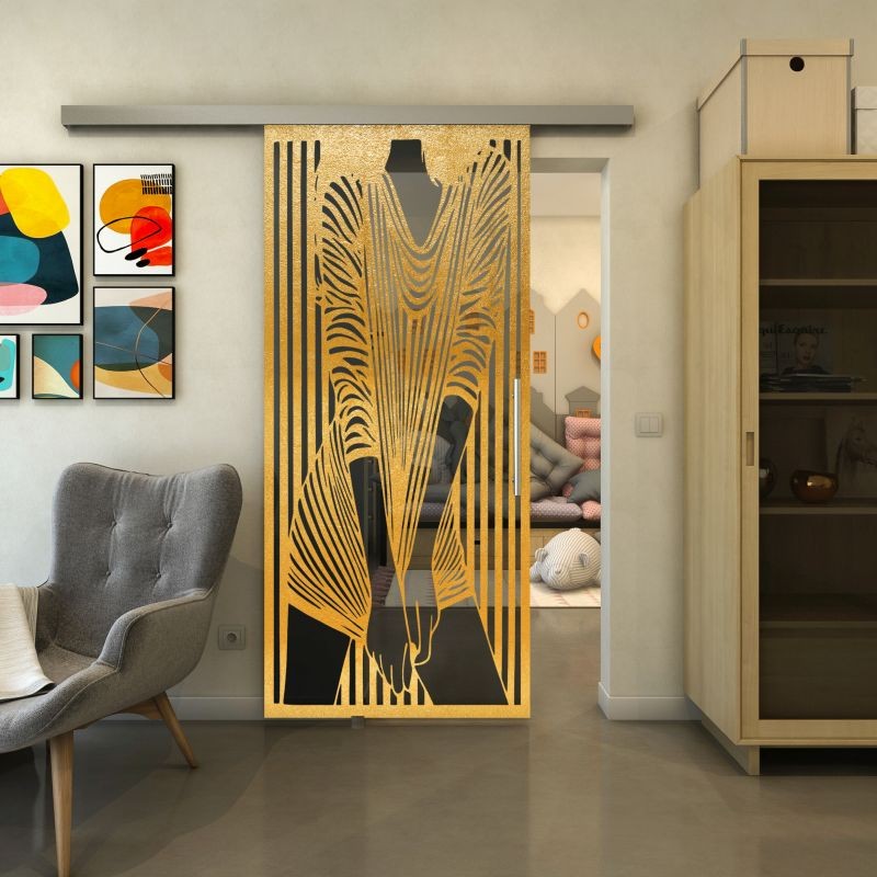 Glasschiebetür SLIM-LINE - Fineprint Modell 097 Gold auf Grauglas