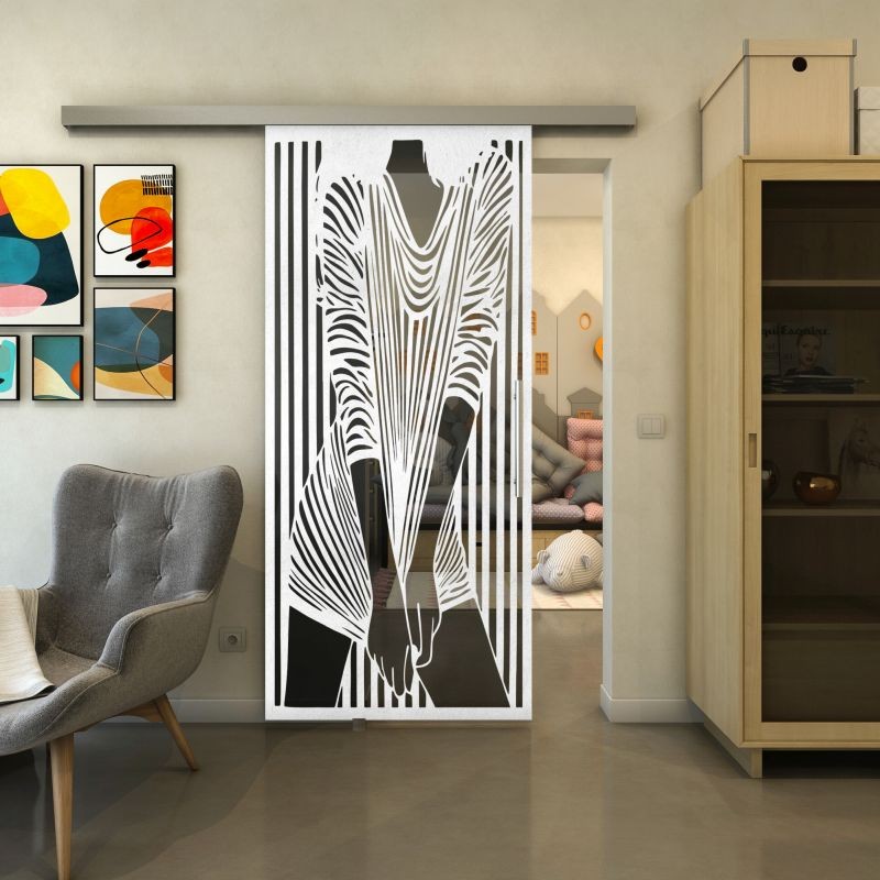 Glasschiebetür SLIM-LINE - Fineprint Modell 097 Weiss auf Grauglas