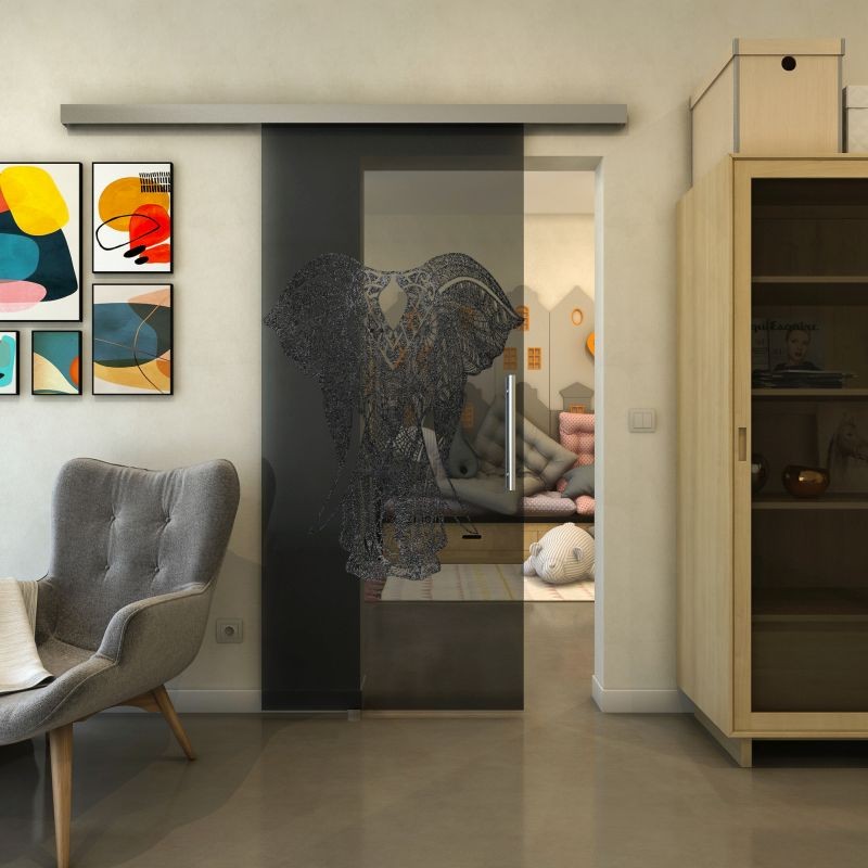 Glasschiebetür SLIM-LINE - Fineprint Modell 098 Schwarz auf Grauglas