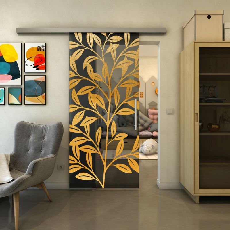 Glasschiebetür SLIM-LINE - Fineprint Modell 099 Gold auf Grauglas