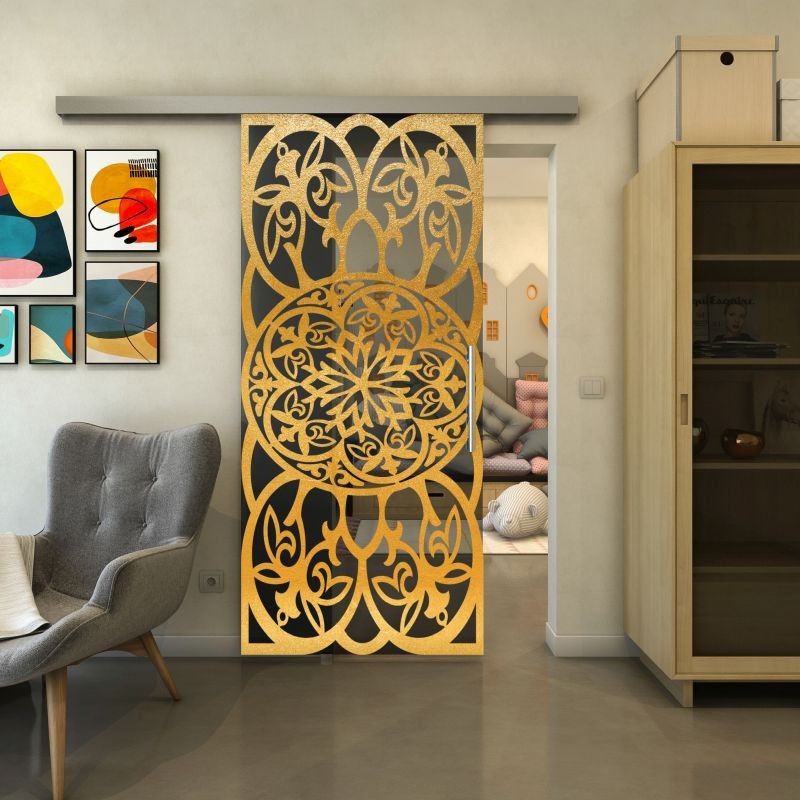 Glasschiebetür SLIM-LINE - Fineprint Modell 100 Gold auf Grauglas