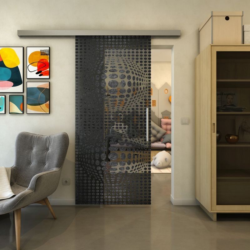 Glasschiebetür SLIM-LINE - Fineprint Modell 101 Schwarz auf Grauglas