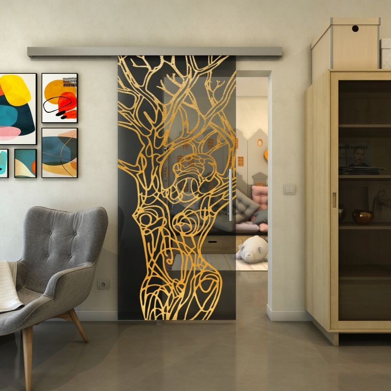 Glasschiebetür SLIM-LINE - Fineprint Modell 105 Gold auf Grauglas