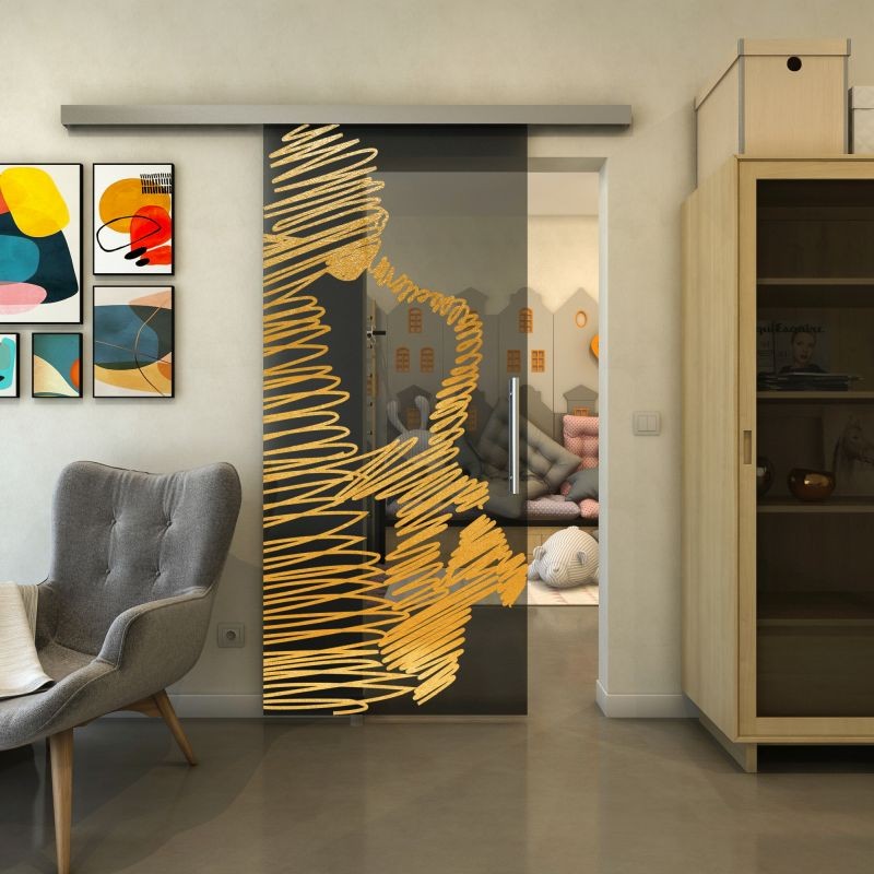 Glasschiebetür SLIM-LINE - Fineprint Modell 106 Gold auf Grauglas