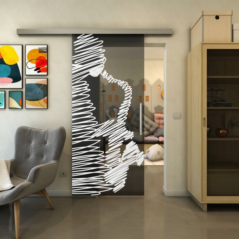Glasschiebetür SLIM-LINE - Fineprint Modell 106 Weiss auf Grauglas