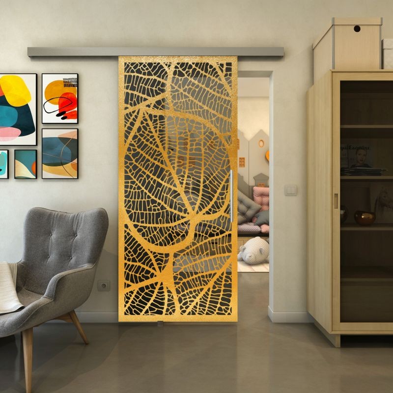 Glasschiebetür SLIM-LINE - Fineprint Modell 107 Gold auf Grauglas