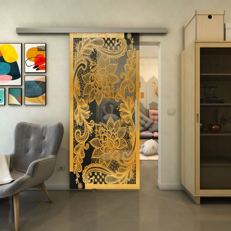 Glasschiebetür SLIM-LINE - Fineprint Modell 108 Gold auf Grauglas