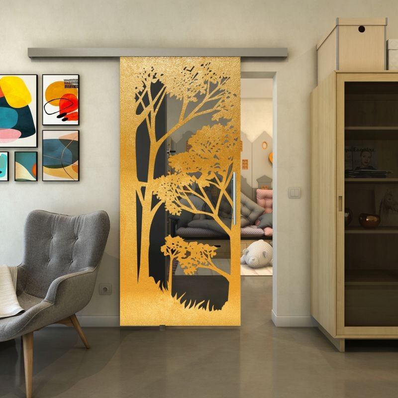 Glasschiebetür SLIM-LINE - Fineprint Modell 110 Gold auf Grauglas