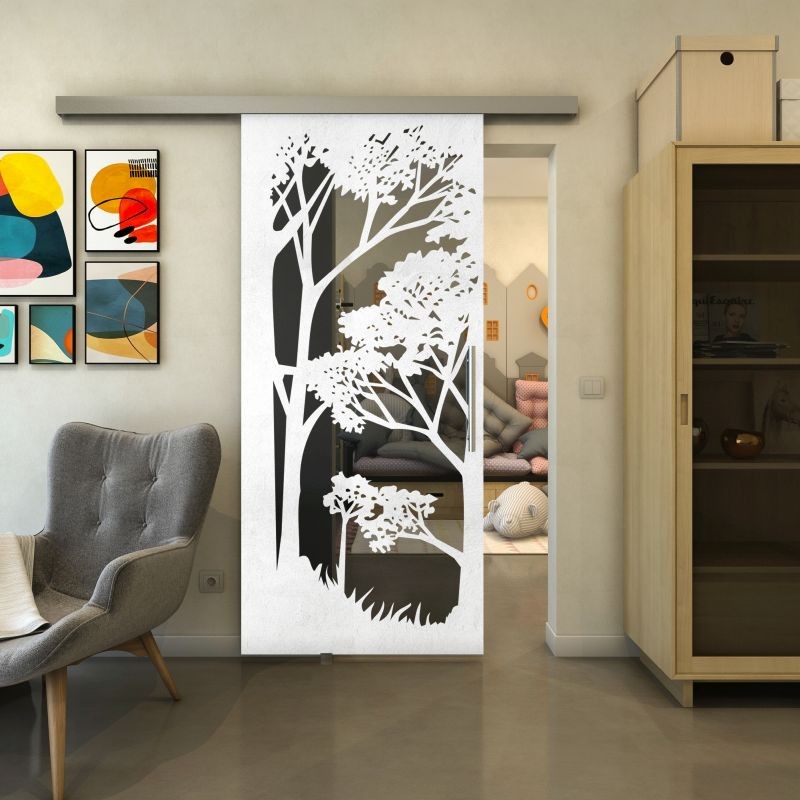 Glasschiebetür SLIM-LINE - Fineprint Modell 110 Weiss auf Grauglas