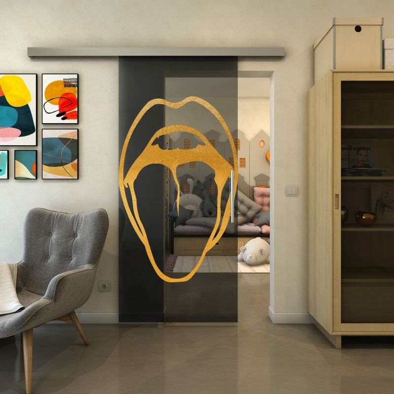 Glasschiebetür SLIM-LINE - Fineprint Modell 111 Gold auf Grauglas