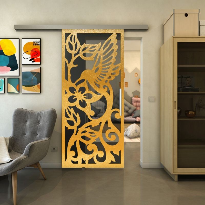 Glasschiebetür SLIM-LINE - Fineprint Modell 112 Gold auf Grauglas