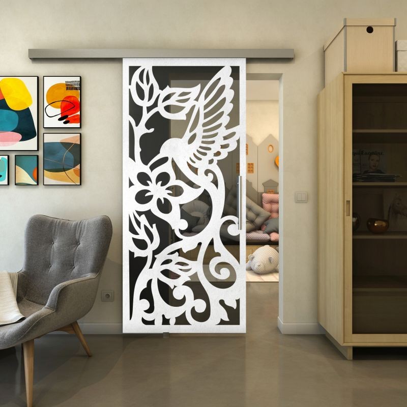 Glasschiebetür SLIM-LINE - Fineprint Modell 112 Weiss auf Grauglas