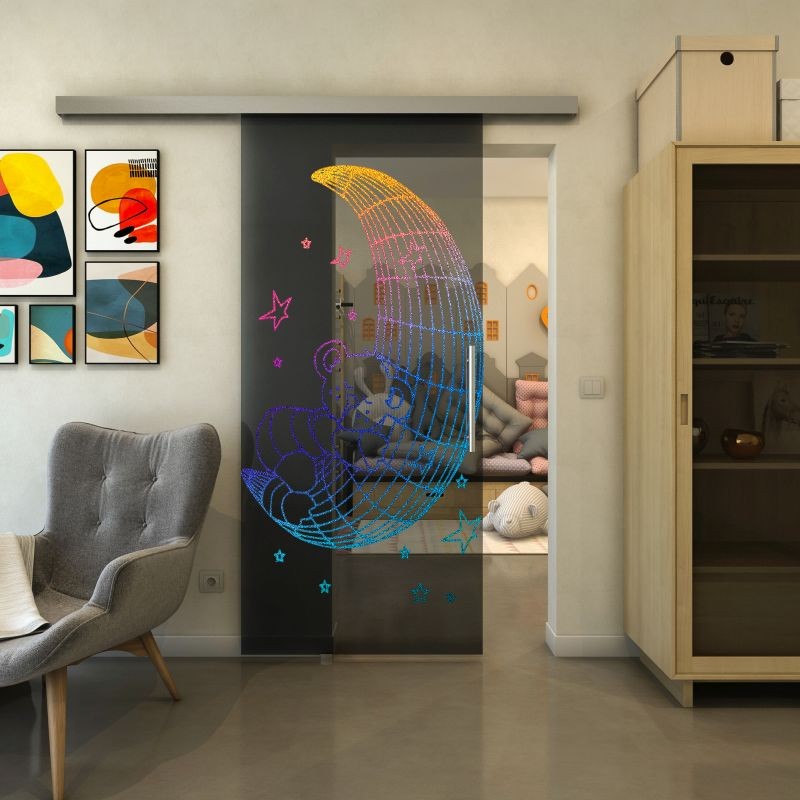Glasschiebetür SLIM-LINE - Fineprint Modell 113 Verlauf auf Grauglas