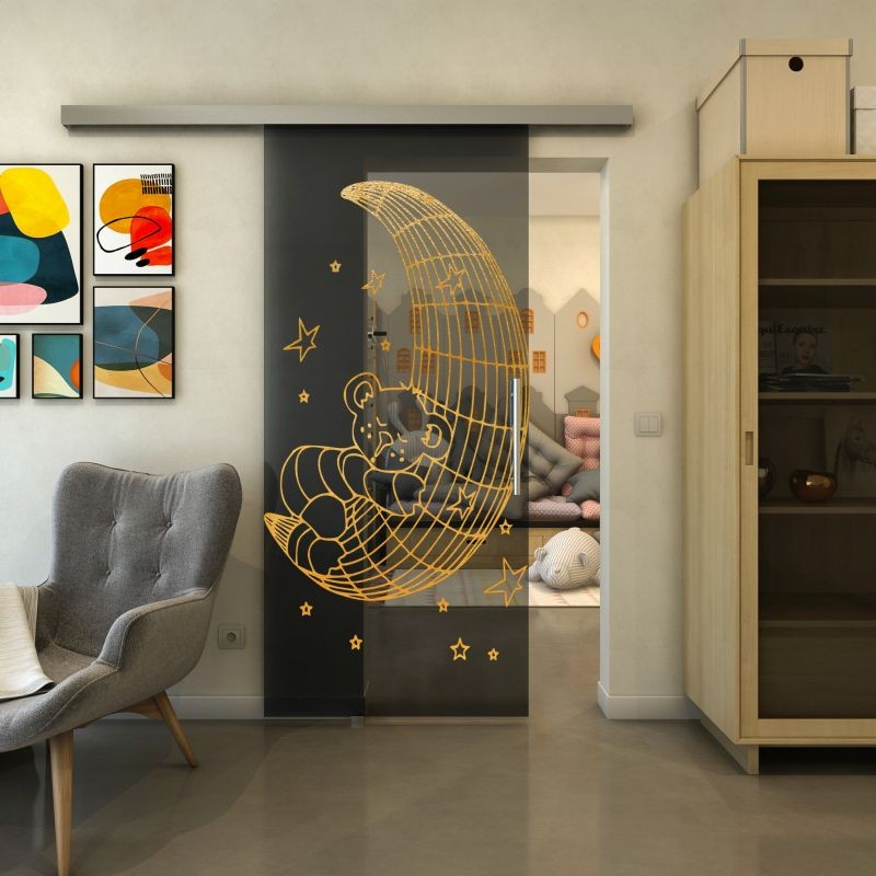 Glasschiebetür SLIM-LINE - Fineprint Modell 113 Gold auf Grauglas