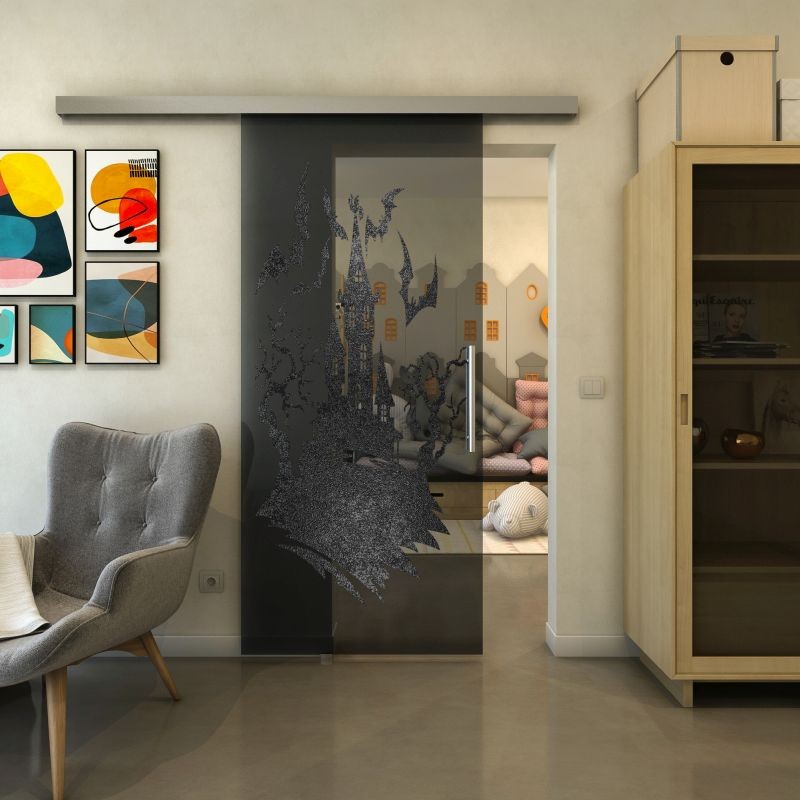 Glasschiebetür SLIM-LINE - Fineprint Modell 114 Schwarz auf Grauglas