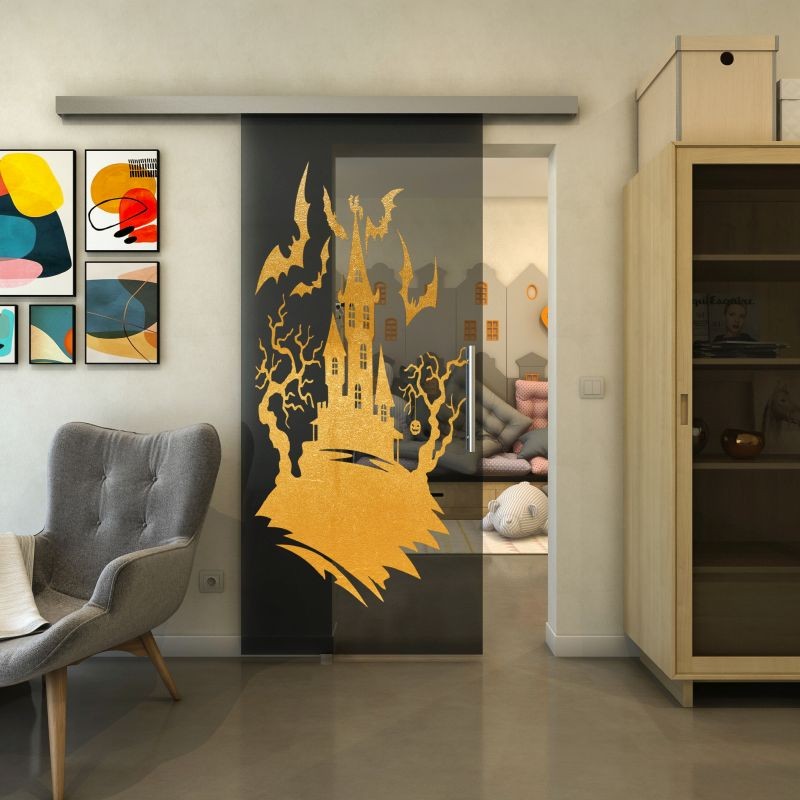 Glasschiebetür SLIM-LINE - Fineprint Modell 114 Gold auf Grauglas