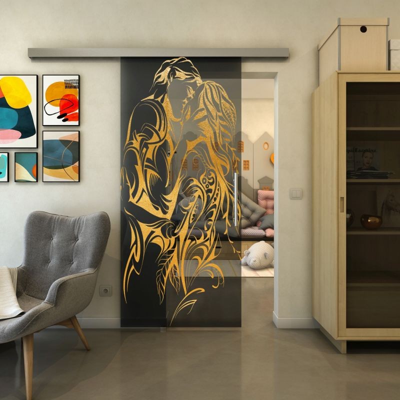 Glasschiebetür SLIM-LINE - Fineprint Modell 116 Gold auf Grauglas