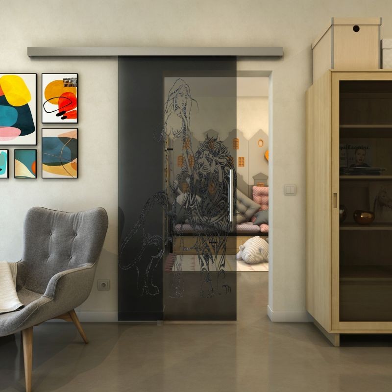 Glasschiebetür SLIM-LINE - Fineprint Modell 117 Schwarz auf Grauglas