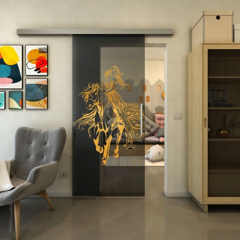 Glasschiebetür SLIM-LINE - Fineprint Modell 118 Gold auf Grauglas