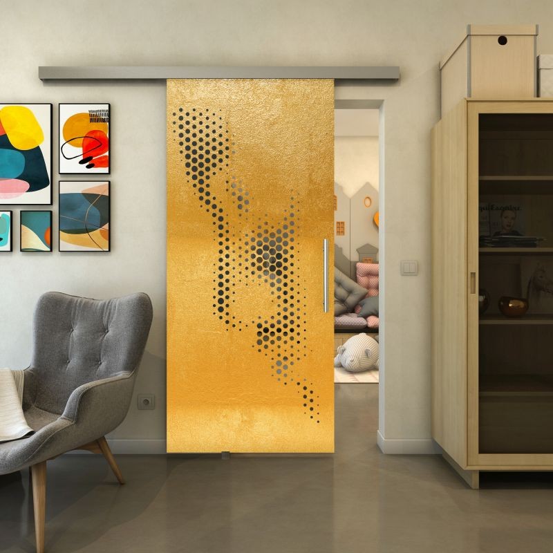 Glasschiebetür SLIM-LINE - Fineprint Modell 120 Gold auf Grauglas
