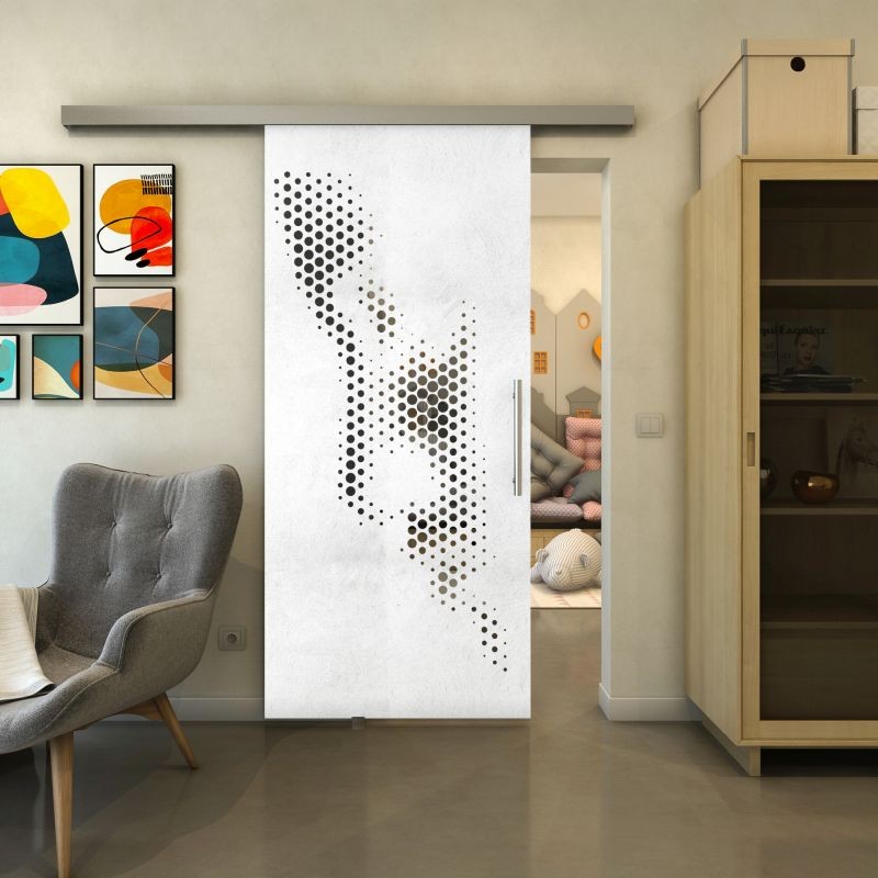 Glasschiebetür SLIM-LINE - Fineprint Modell 120 Weiss auf Grauglas