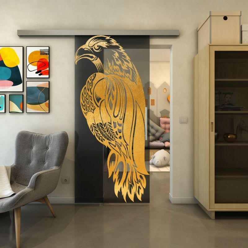 Glasschiebetür SLIM-LINE - Fineprint Modell 122 Gold auf Grauglas