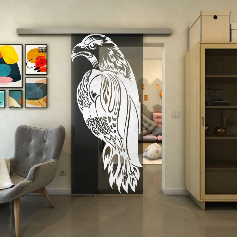 Glasschiebetür SLIM-LINE - Fineprint Modell 122 Weiss auf Grauglas