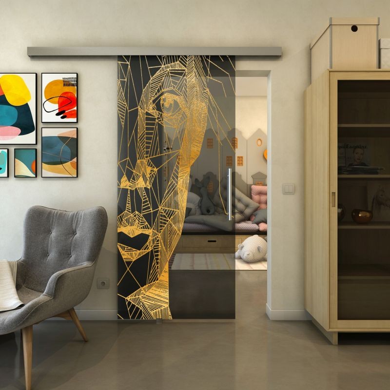 Glasschiebetür SLIM-LINE - Fineprint Modell 123 Gold auf Grauglas