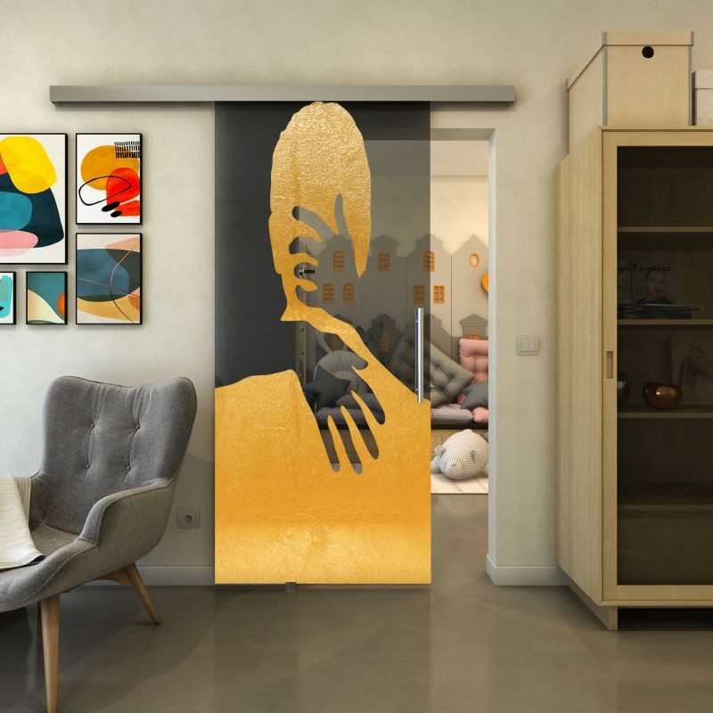 Glasschiebetür SLIM-LINE - Fineprint Modell 124 Gold auf Grauglas