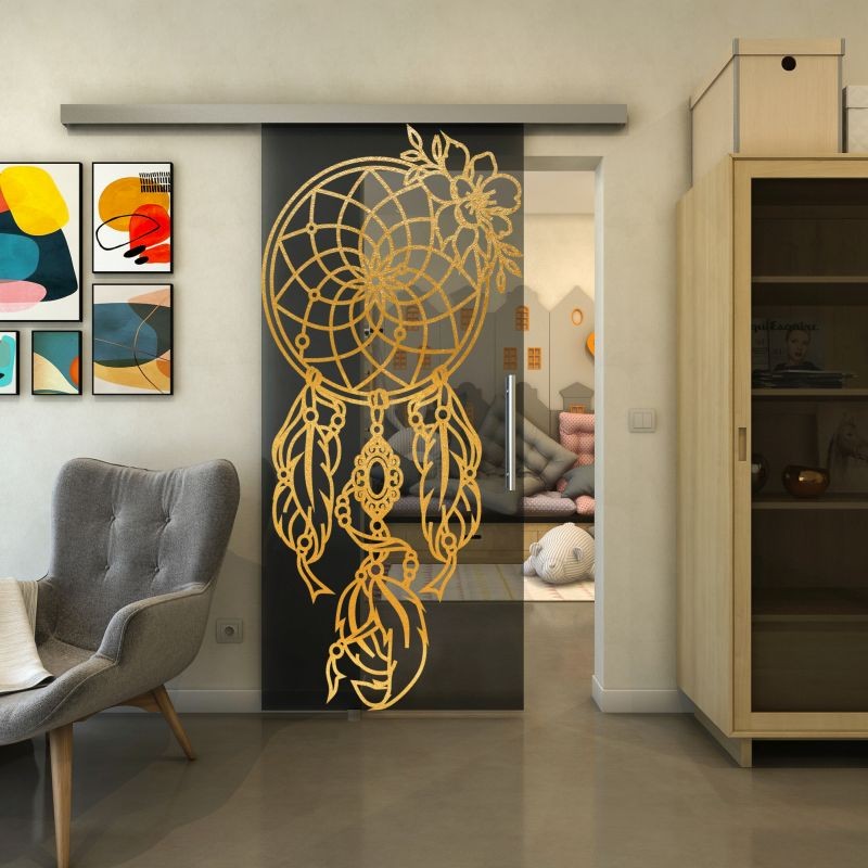 Glasschiebetür SLIM-LINE - Fineprint Modell 125 Gold auf Grauglas