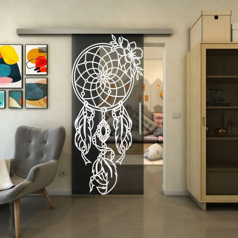 Glasschiebetür SLIM-LINE - Fineprint Modell 125 Weiss auf Grauglas