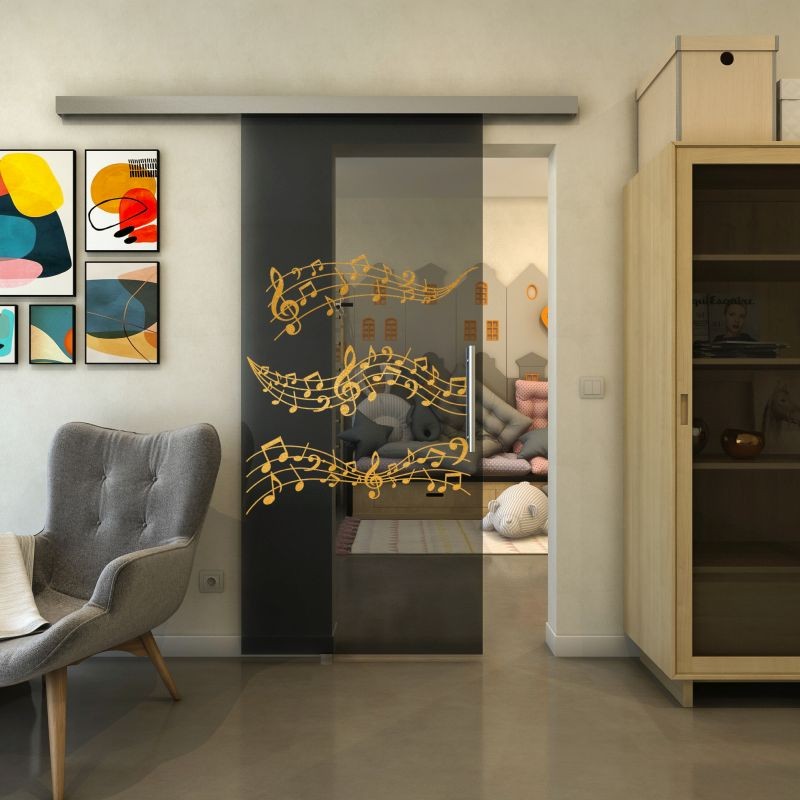 Glasschiebetür SLIM-LINE - Fineprint Modell 128 Gold auf Grauglas