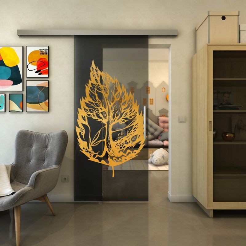 Glasschiebetür SLIM-LINE - Fineprint Modell 130 Gold auf Grauglas