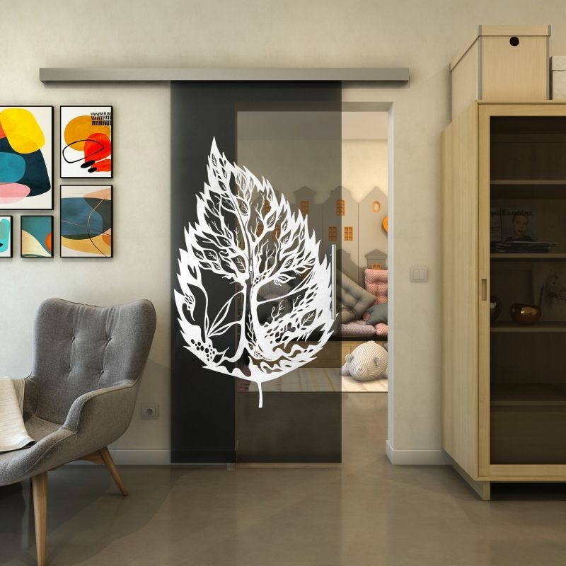 Glasschiebetür SLIM-LINE - Fineprint Modell 130 Weiss auf Grauglas
