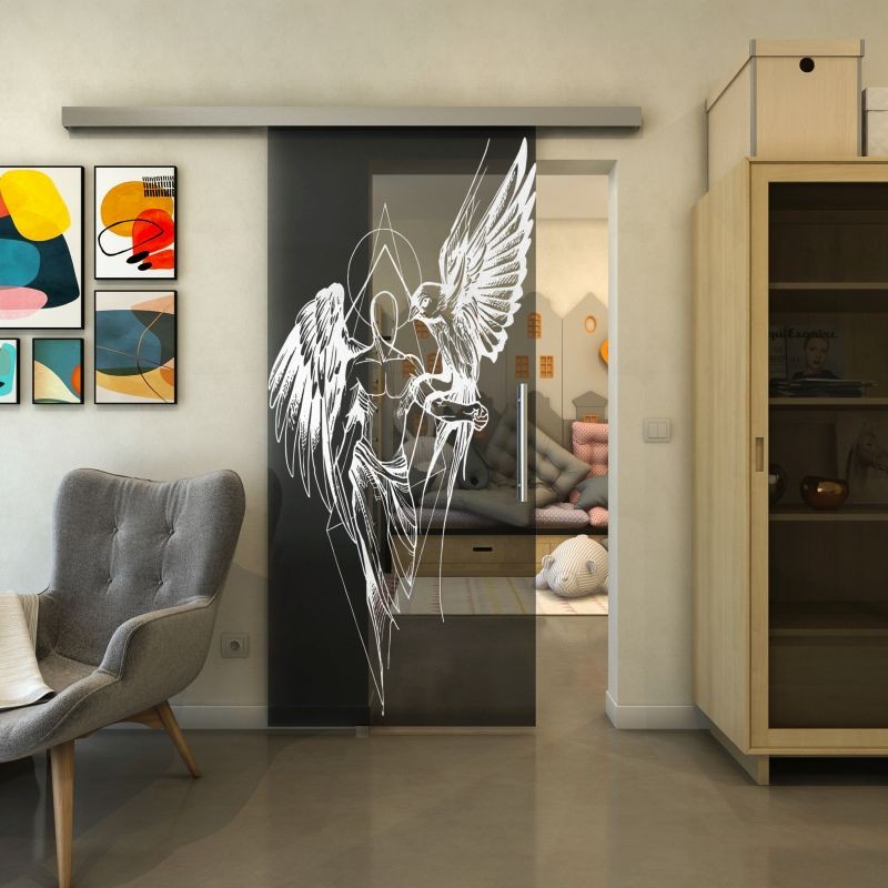 Glasschiebetür SLIM-LINE - Fineprint Modell 131 Weiss auf Grauglas