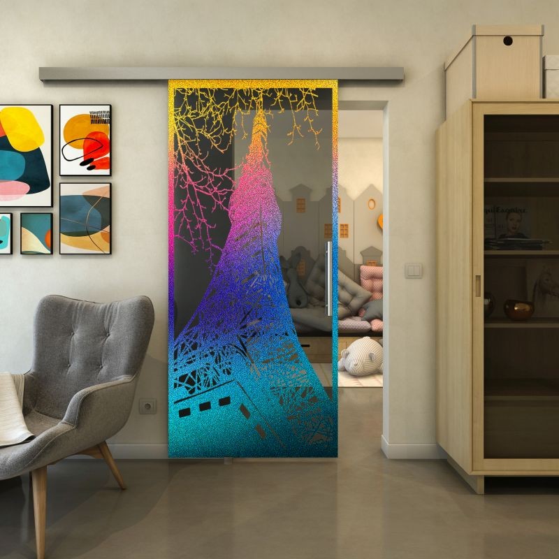 Glasschiebetür SLIM-LINE - Fineprint Modell 132 Verlauf auf Grauglas