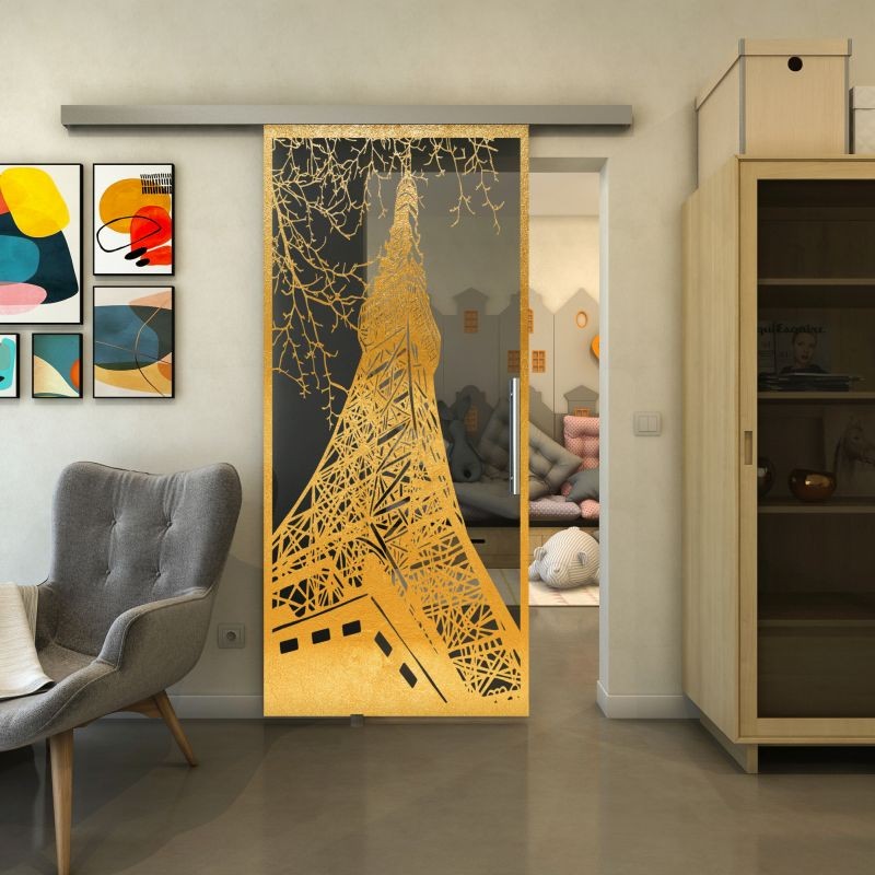 Glasschiebetür SLIM-LINE - Fineprint Modell 132 Gold auf Grauglas