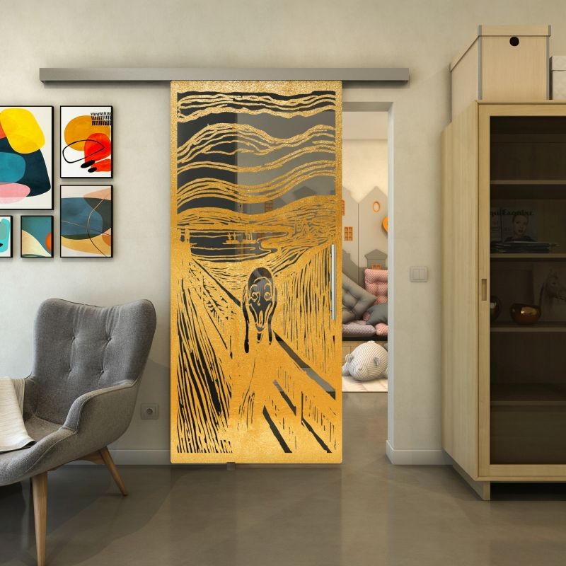 Glasschiebetür SLIM-LINE - Fineprint Modell 133 Gold auf Grauglas