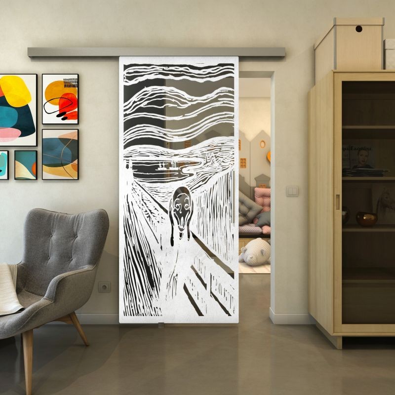 Glasschiebetür SLIM-LINE - Fineprint Modell 133 Weiss auf Grauglas