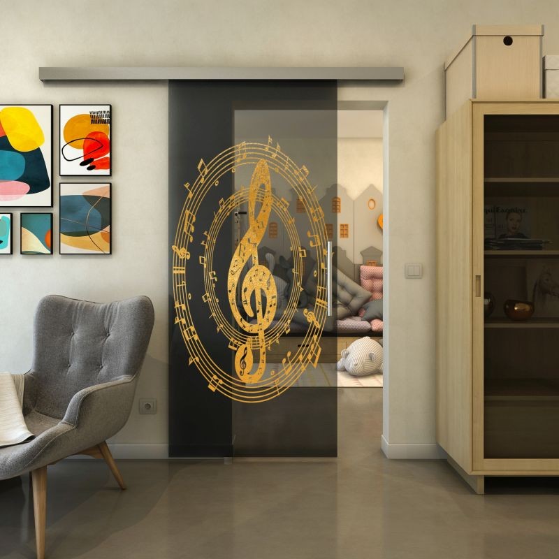 Glasschiebetür SLIM-LINE - Fineprint Modell 134 Gold auf Grauglas